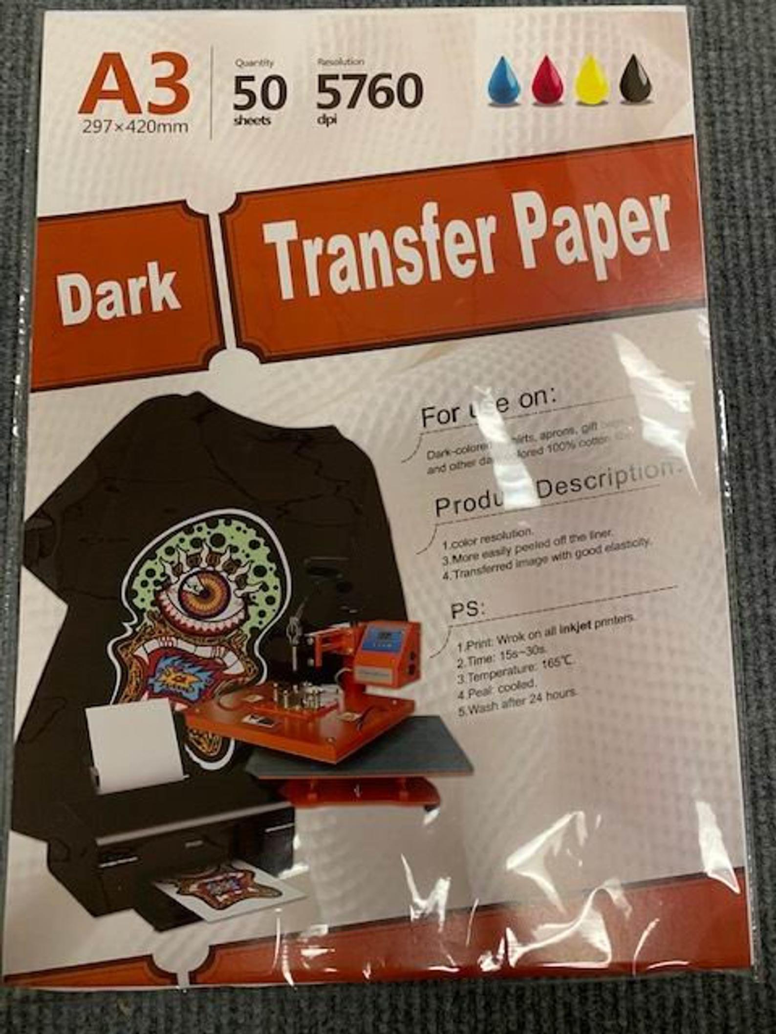 Inkjet Heat Transfer Paper For Dark fabrics Iron On 10 Sheets