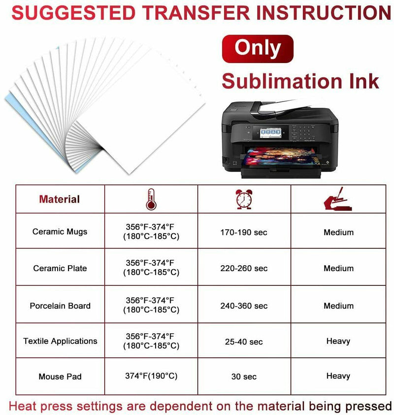 100 Sheets A4 Heat Sublimation Paper Transfer Paper for Inkjet T-Shirts Mugs US
