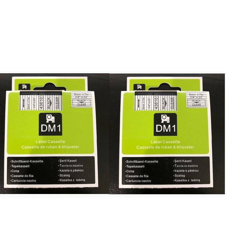 2pk Black on Clear Tape Label Compatible for DYMO 43610 D1 6mm 1/4"