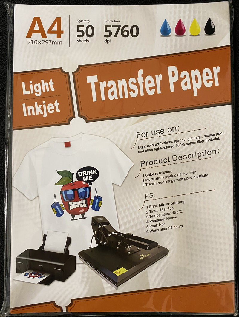 Inkjet heat transfer paper for Light color fabric 11.7" X 8.25" A4 - 50 sheets